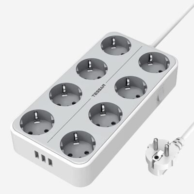 TESSAN TS304 ΠΟΛΥΜΠΡΙΖΟ ΤΟΙΧΟΥ 8 ΘΕΣΕΩΝ, 3 USB, ΓΚΡΙ/ΛΕΥΚΟ