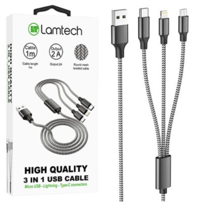 LAMTECH HIGH QUALITY 3 IN 1 USB CABLE WITH METALLIC SHELL BLACK 1M